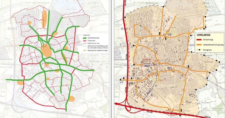 Left the cycle routes and right the motor traffic routes in Goes. Two completely different networks.